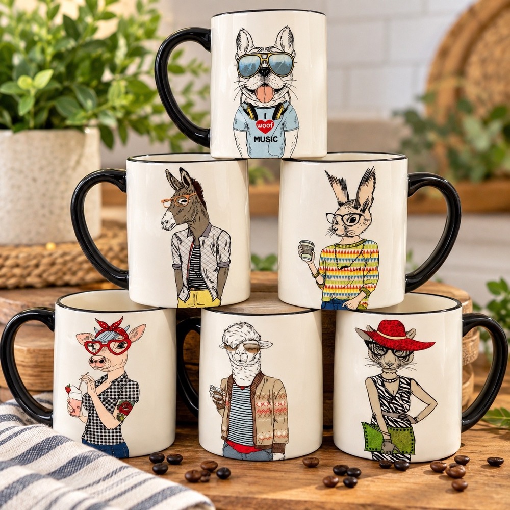 Signature Housewares Hipster Animal Mugs Set of 6 Stoneware Coffee Cups Mug 17o